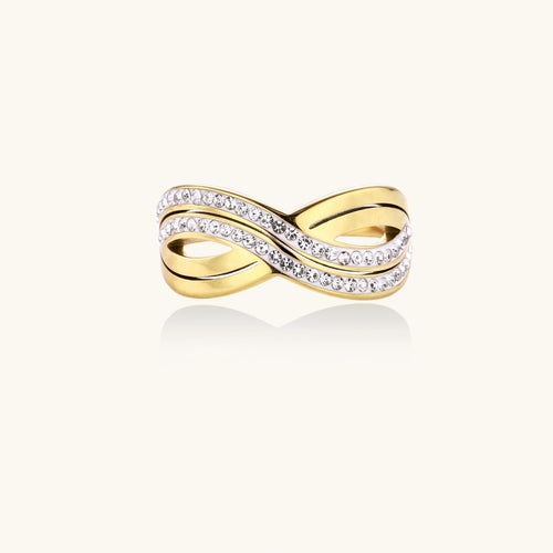 Gold-plated ring with interweaving wave bands and two rows of clear rhinestones creating an infinity pattern